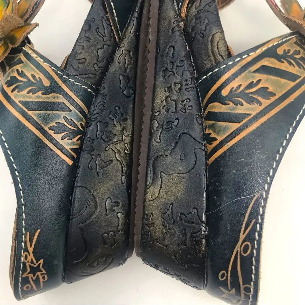 Spring Step Tooled Leather Colorful Flower Slip On Wedge Sandals - Picture 7 of 13